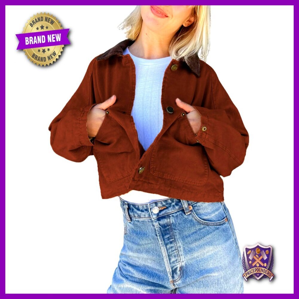 Cropped Barn Jacket Corduroy Collar Button Down Long Sleeve Vintage Y2K Chic - Picture 1 of 7